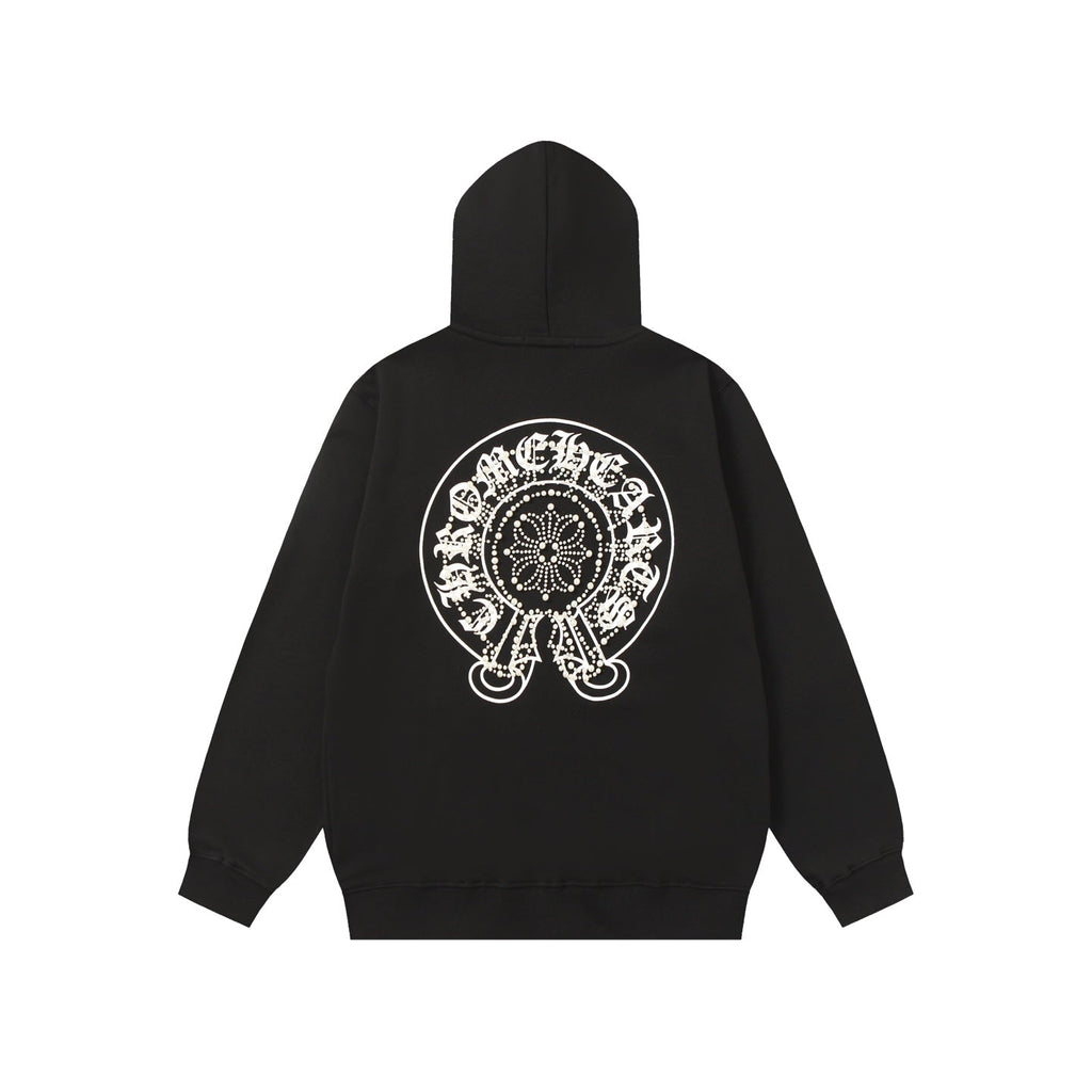 Chrome-Hearts Rhinestone Horseshoe Hoodie - Black Gothic Streetwear Sweatshirt 2601