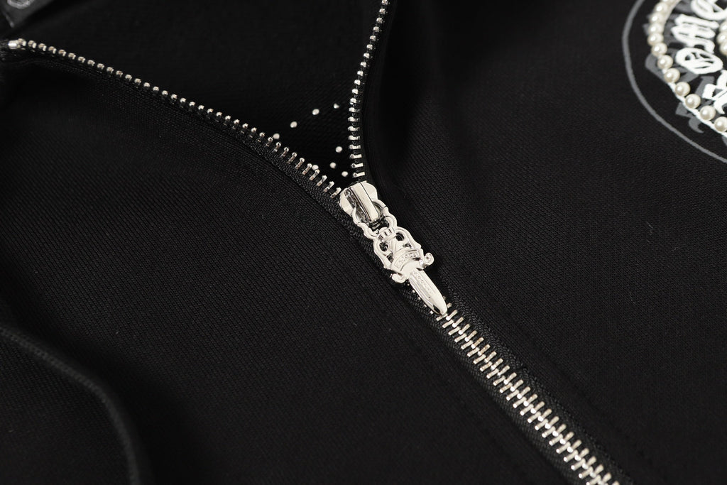 Chrome-Hearts Rhinestone Horseshoe Hoodie - Black Gothic Streetwear Sweatshirt 2601