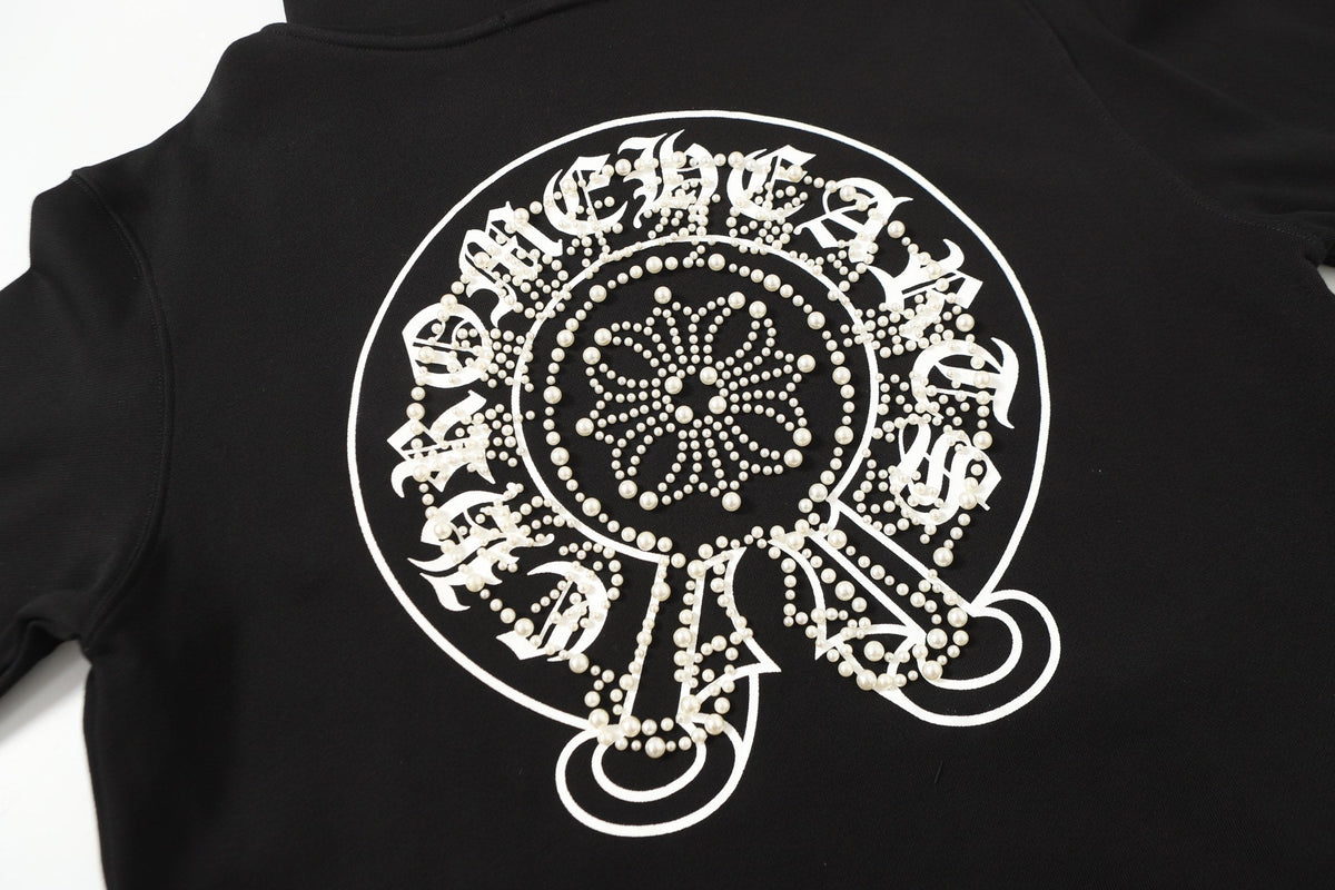 Chrome-Hearts Rhinestone Horseshoe Hoodie - Black Gothic Streetwear Sweatshirt 2601