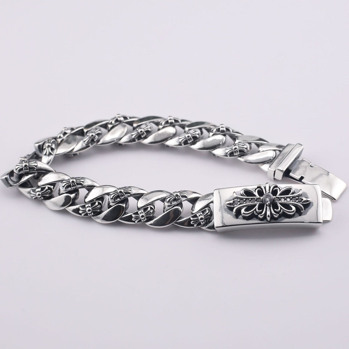 chrome hearts 925 Sterling silver Floral Cross Diamond ID Bracelet