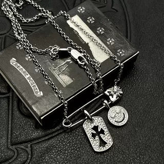 Chrome Hearts Silver Tag Smiley Face Diamond-Inlaid Pin Necklace