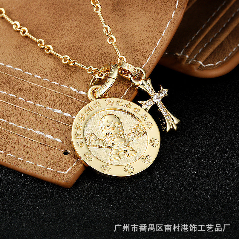 Chrome Hearts Gold Cross with Skull Round Tag Necklace